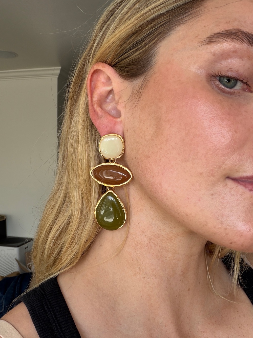 Zara Gold-Tone Triple Drop Earrings with Cream, Brown and Olive Stone